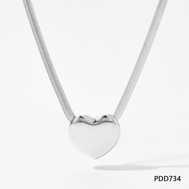 Chunky heart pendant snake chain stainless steel necklace