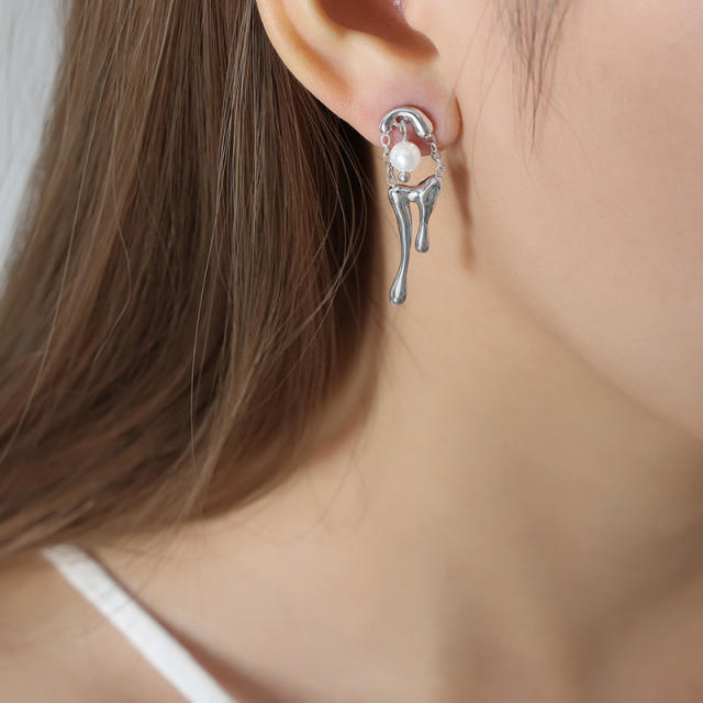18KG lava pattern pearl bead stainless steel dangle earrings