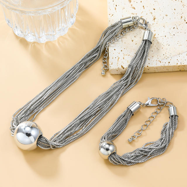 Punk trend chunky ball bead layer box chain necklace bracelet set