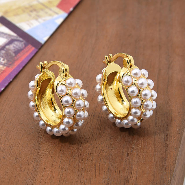 Korean fashion imitation pearl bead gold plated copper hoop earrings