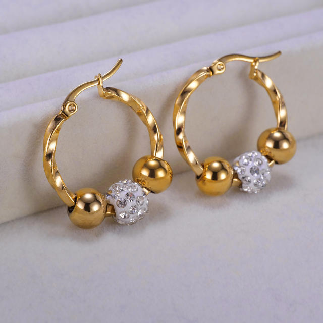 Delicate diamond ball bead stainless steel hoop earrings