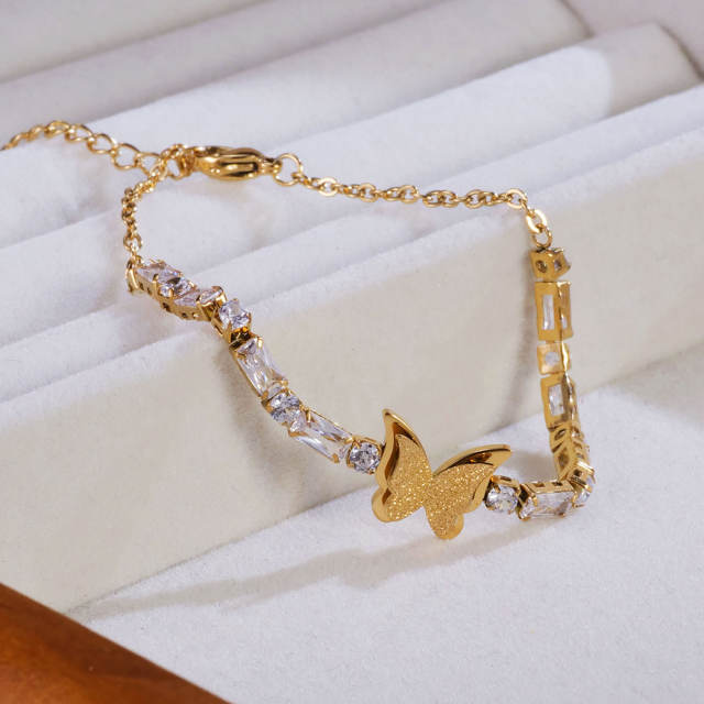 Delicate frosted butterfly tennis chain stainless steel bracelet