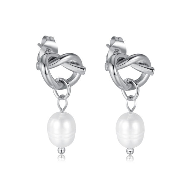 Water pearl drop knotted stainless steel earrings