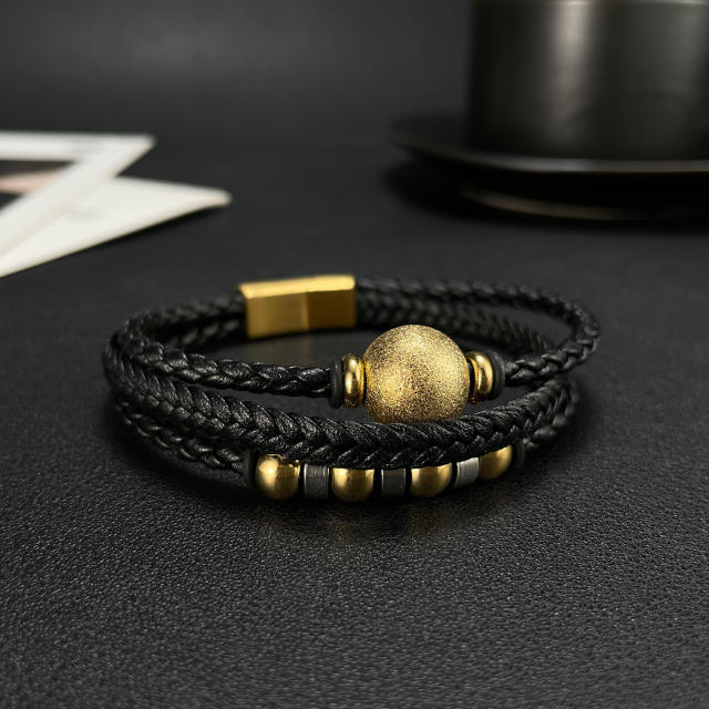 Vintage stainless steel ball bead PU leather multi layer bracelet for men