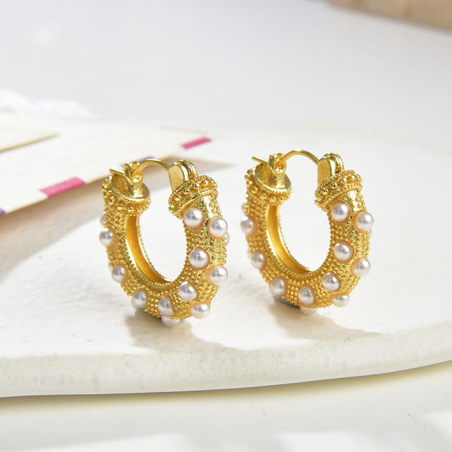 Korean fashion gold plated copper pearl bead small hoop earrings