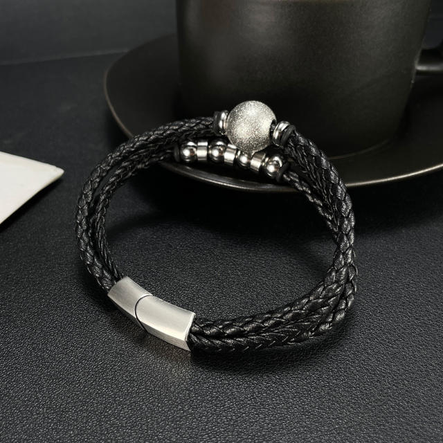 Vintage stainless steel ball bead PU leather multi layer bracelet for men