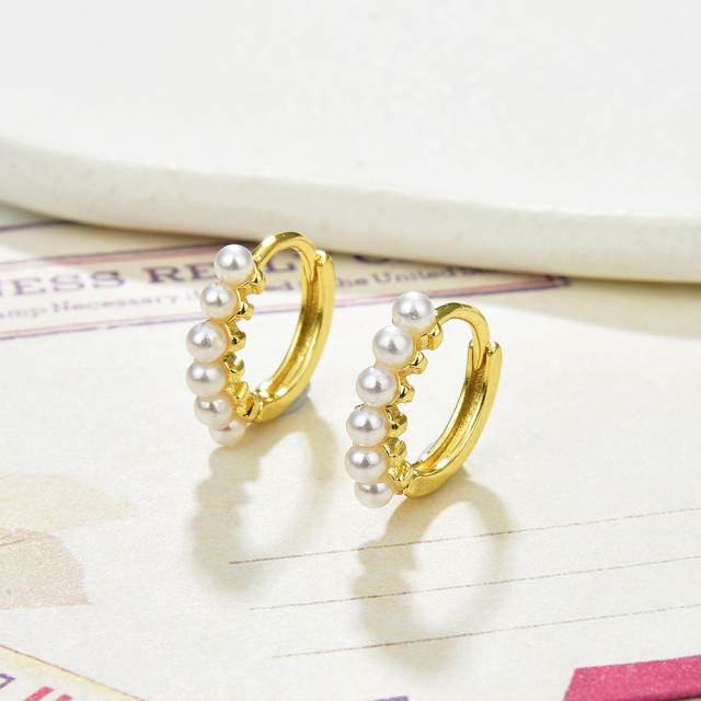 Korean fashion gold plated copper pearl bead small hoop earrings