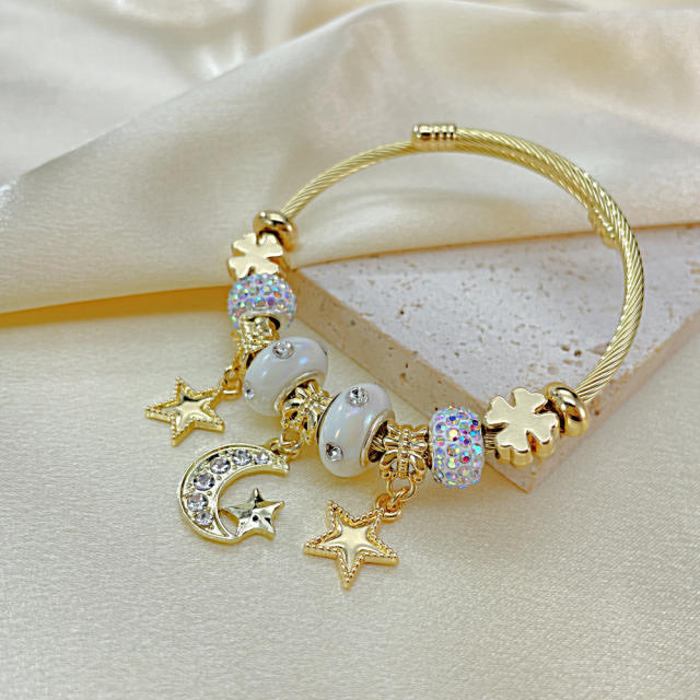 Classi diamond moon star charm stainless steel bangle charm bracelet
