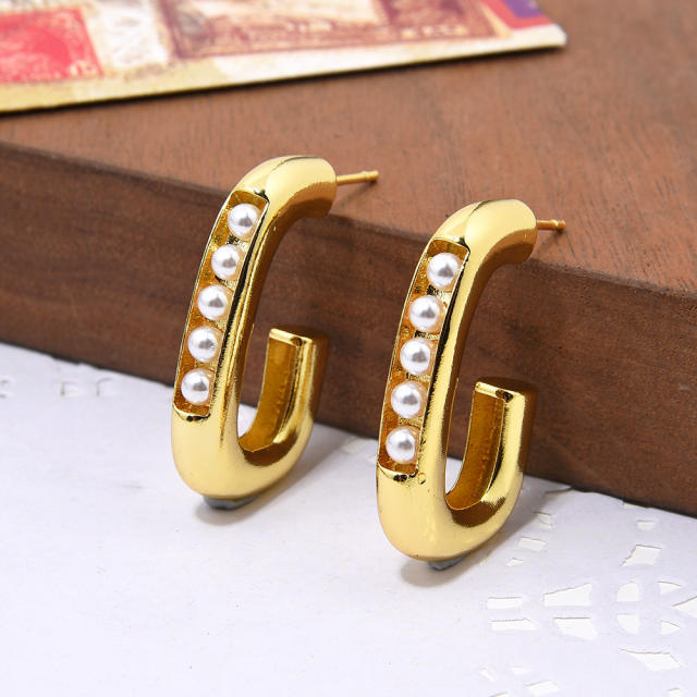 Korean fashion imitation pearl bead gold plated copper hoop earrings