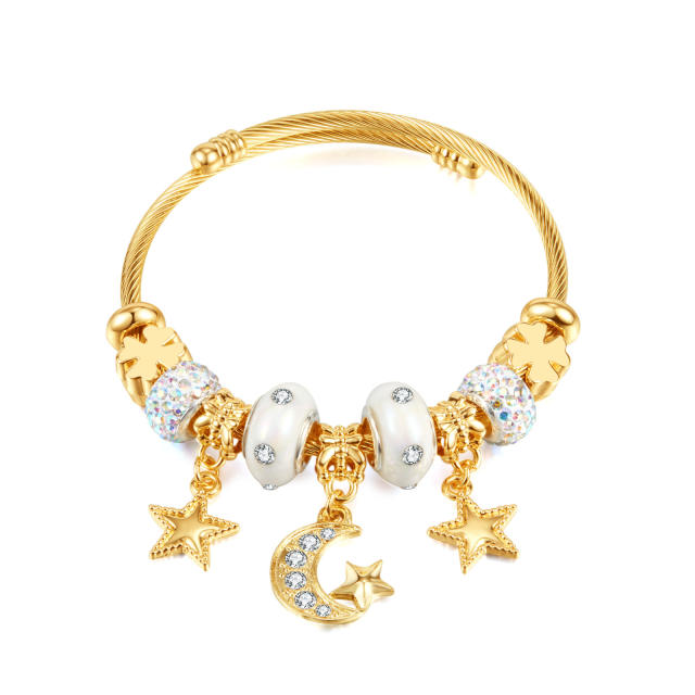 Classi diamond moon star charm stainless steel bangle charm bracelet