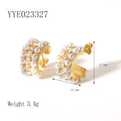 18KG pearl bead rhinestone stainless steel open hoop earrings