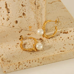 18KG pearl bead knotted small hoop stainless steel earrings