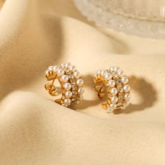 18KG pearl bead rhinestone stainless steel open hoop earrings