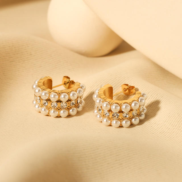 18KG pearl bead rhinestone stainless steel open hoop earrings