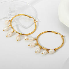 18KG water pearl drop big hoop stainless steel earrings