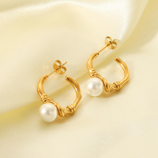18KG pearl bead knotted small hoop stainless steel earrings