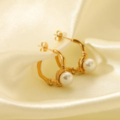 18KG pearl bead knotted small hoop stainless steel earrings