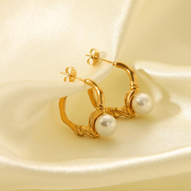 18KG pearl bead knotted small hoop stainless steel earrings