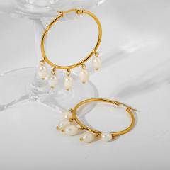 18KG water pearl drop big hoop stainless steel earrings