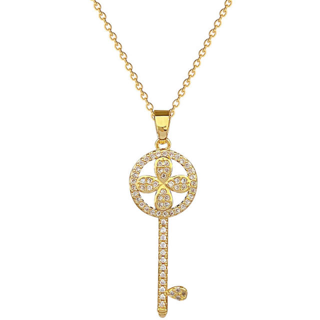 Chic diamond flower key pendant stainless steel chain necklace