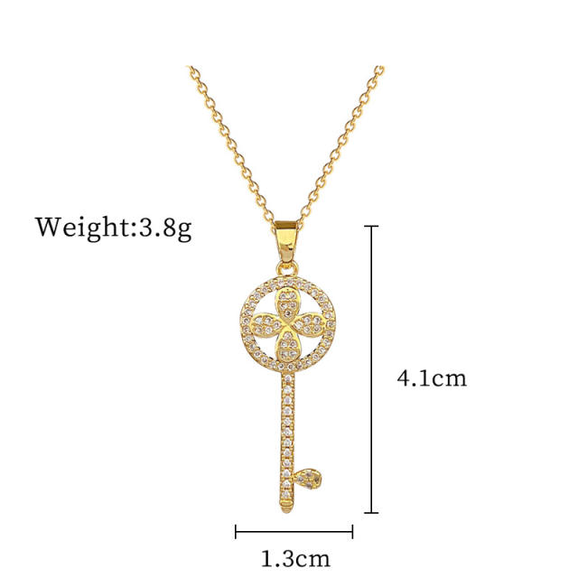 Chic diamond flower key pendant stainless steel chain necklace