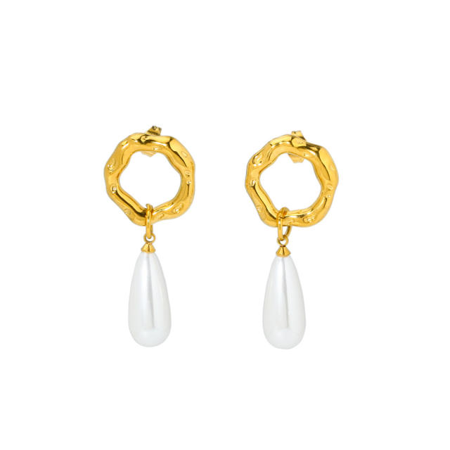 18KG elegant drop pearl stainless steel dangle earrings