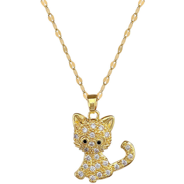 Delicate cute kitty diamond pendant stainless steel chain necklace