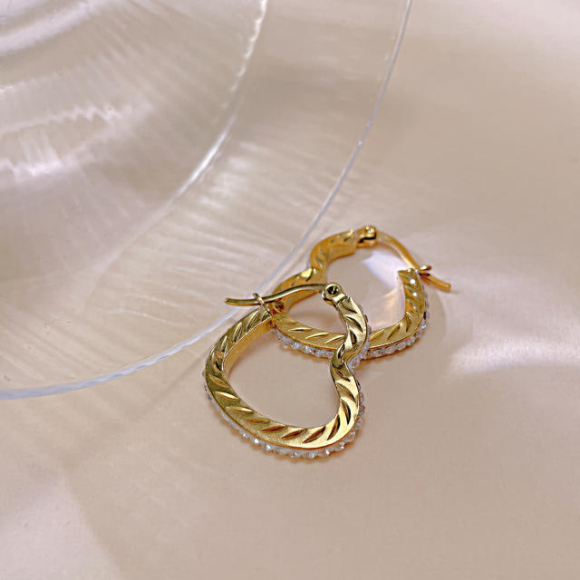 Diamond heart shape stainless steel hoop earrings