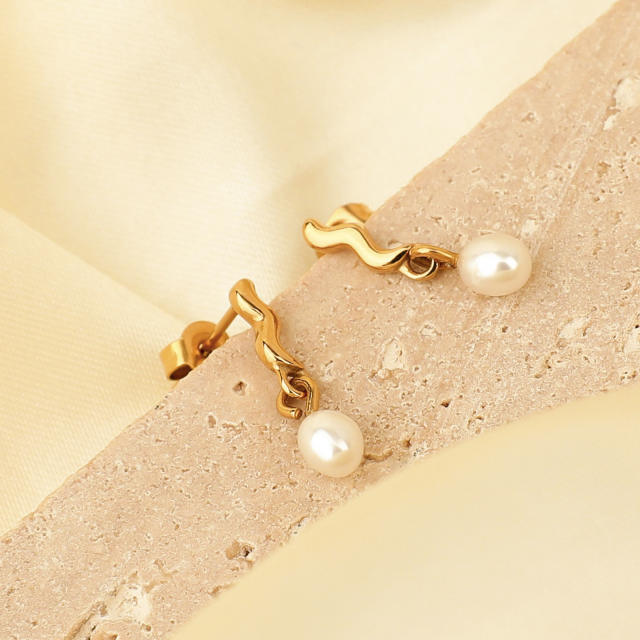 Chic wave shape pearl drop stainless steel earrings