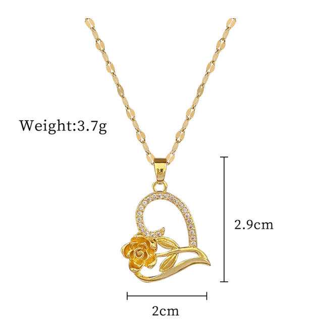 Delicate heart rose flower pendant stainless steel chain necklace