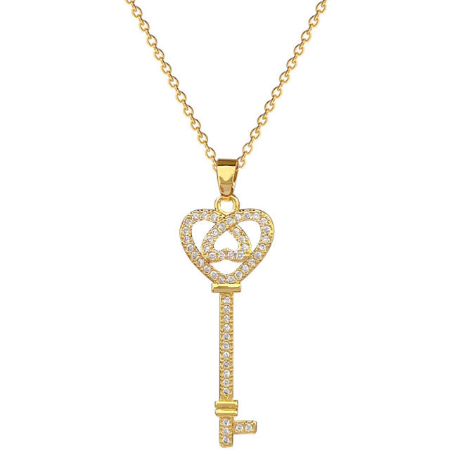 Delicate diamond heart key pendant stainless steel chain necklace