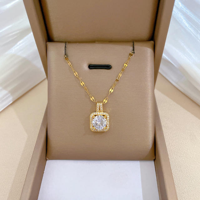 Chic square diamond pendant stainless steel chain necklace set