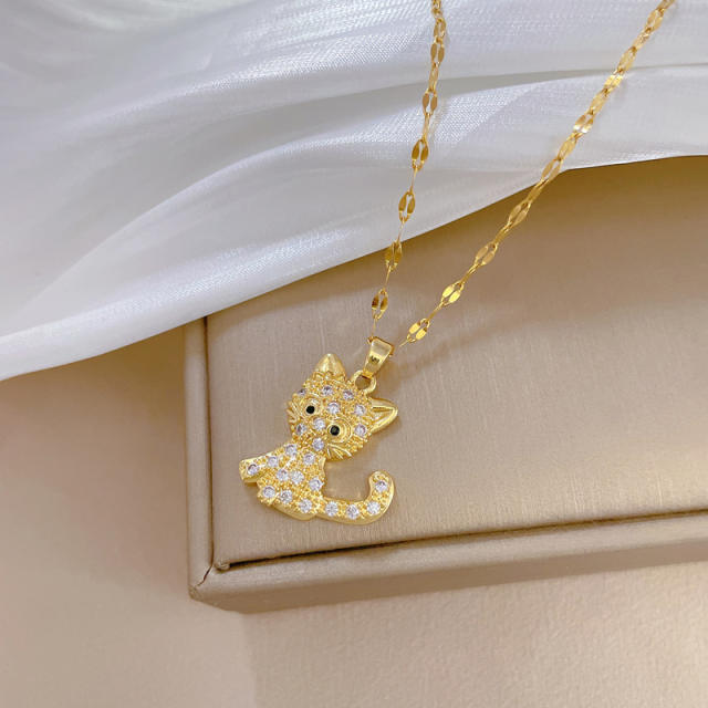Delicate cute kitty diamond pendant stainless steel chain necklace