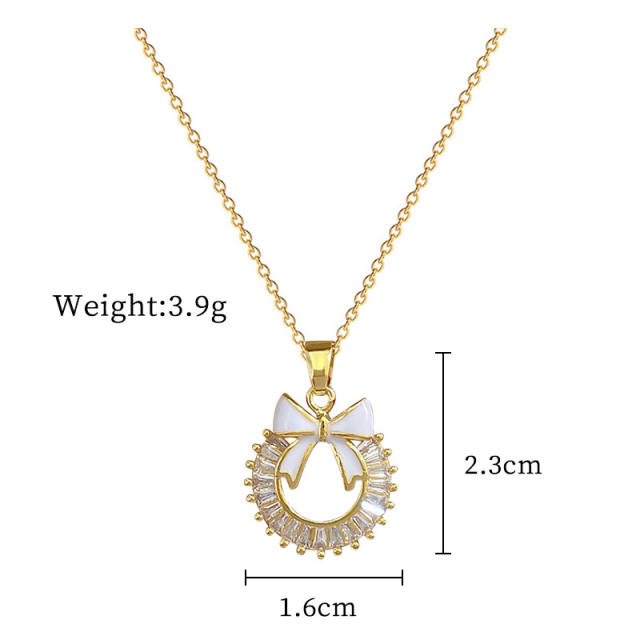 Chic round circle sweet bow diamond pendant stainless steel chain necklace