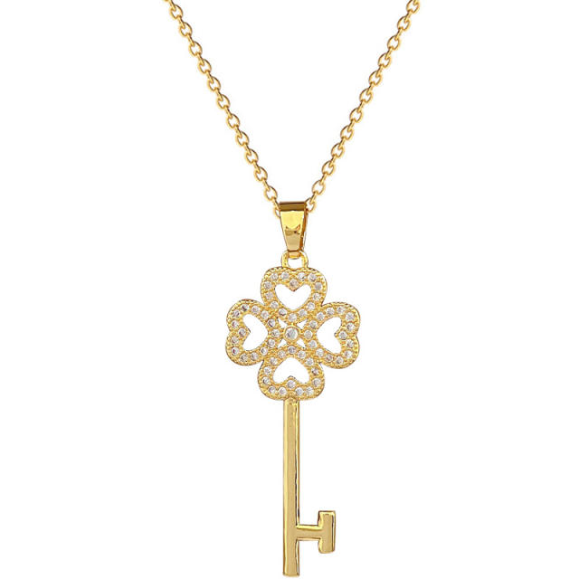 Delicate diamond hollow clover key pendant stainless steel chain necklace