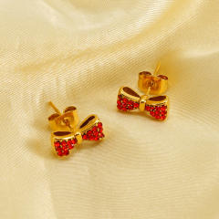 18KG Sweet diamond bow cute stainless steel studs earrings
