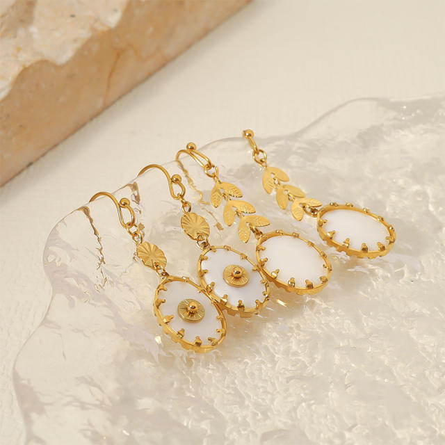 18KG white mother shell oval pendant stainless steel earrings