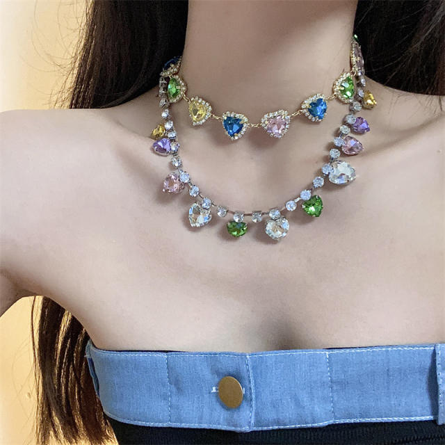 Y2K colorful glass crystal statement heart choker necklace