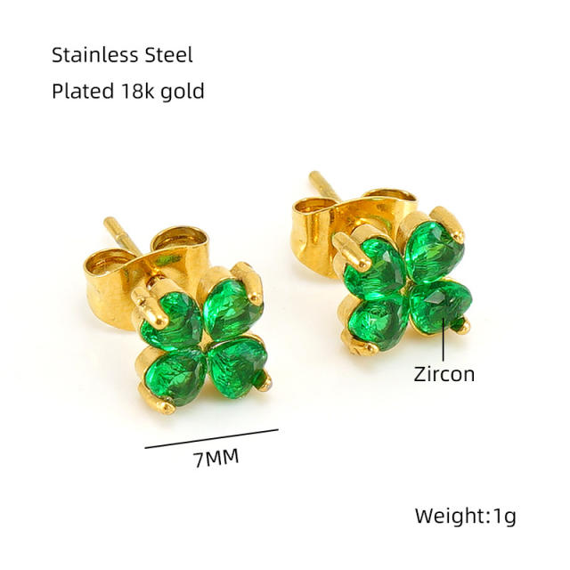 Chic colorful cubic zircon clover stainless steel studs earrings
