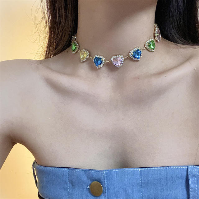 Y2K colorful glass crystal statement heart choker necklace