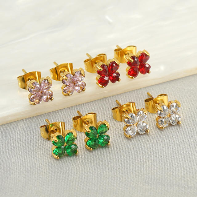 Chic colorful cubic zircon clover stainless steel studs earrings