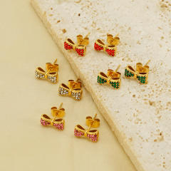 18KG Sweet diamond bow cute stainless steel studs earrings