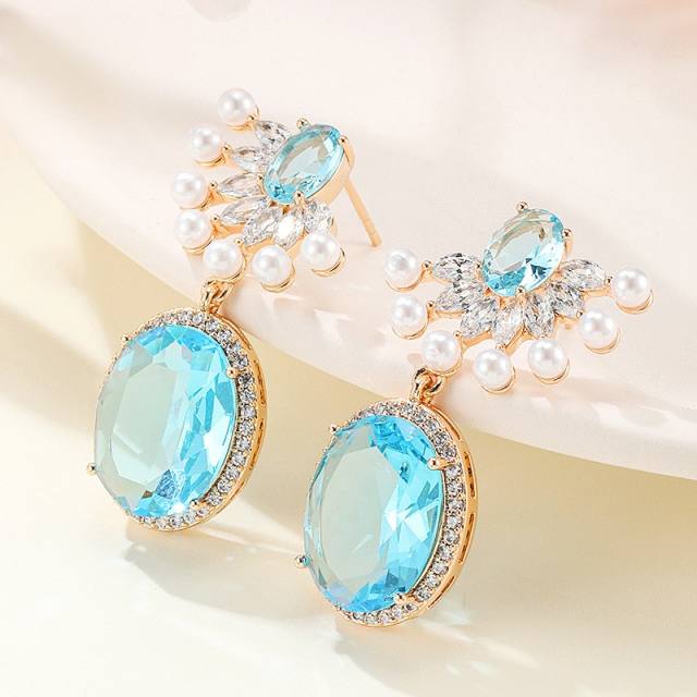 Delicate colorful rhinestone oval dangle earrings