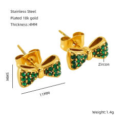 18KG Sweet diamond bow cute stainless steel studs earrings