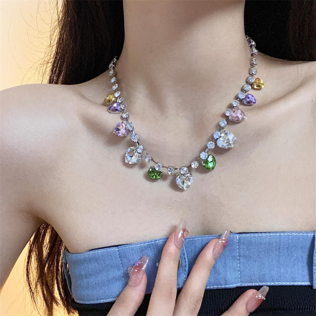 Y2K colorful glass crystal statement heart choker necklace