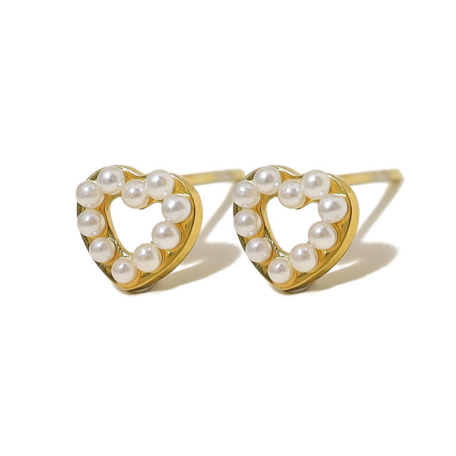 Elegant pearl bead hollow out heart clover stainless steel studs earrings