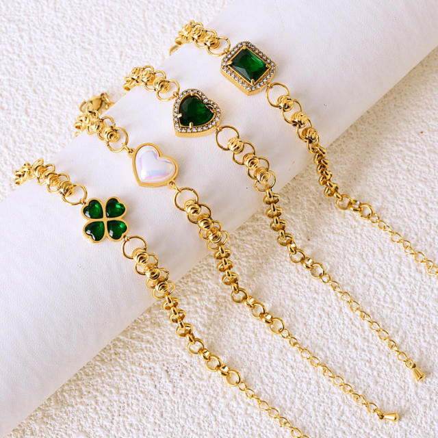 Korean fashion emerald green cubic zircon clover heart stainless steel bracelet