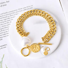 Chunky two layer cuban link chain coin pendant toggle bracelet stainless steel bracelet