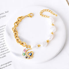 Personality evil eye charm pearl bead stainless steel chain Asymmetric Bracelet