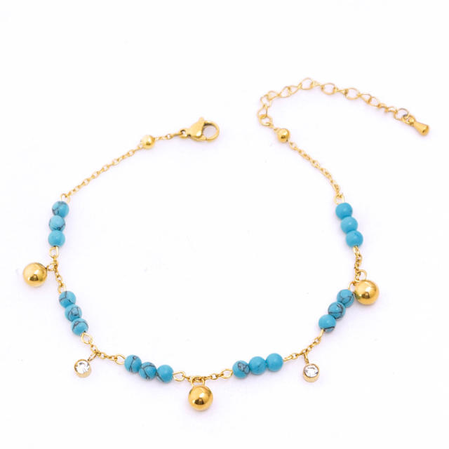 Delicate blue bead cubic zircon stainless steel anklet